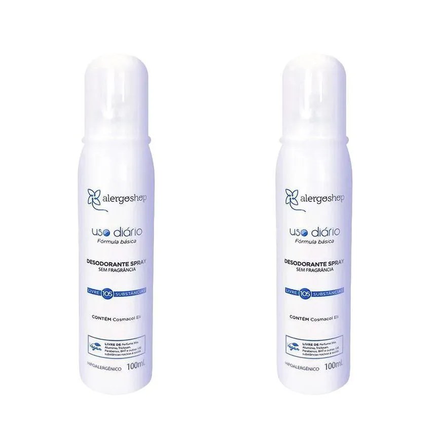 KIT 2 Desodorantes Spray Sem Fragrância Hipoalergênico Alergoshop 100ml