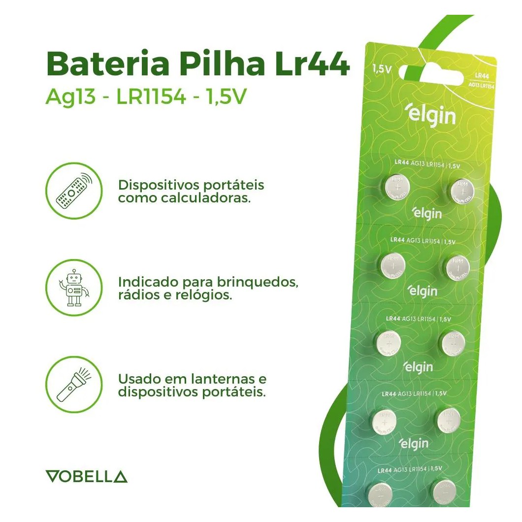 20 Baterias Pilhas Alcalina Lr44 1,5v Blister Cartela Elgin
