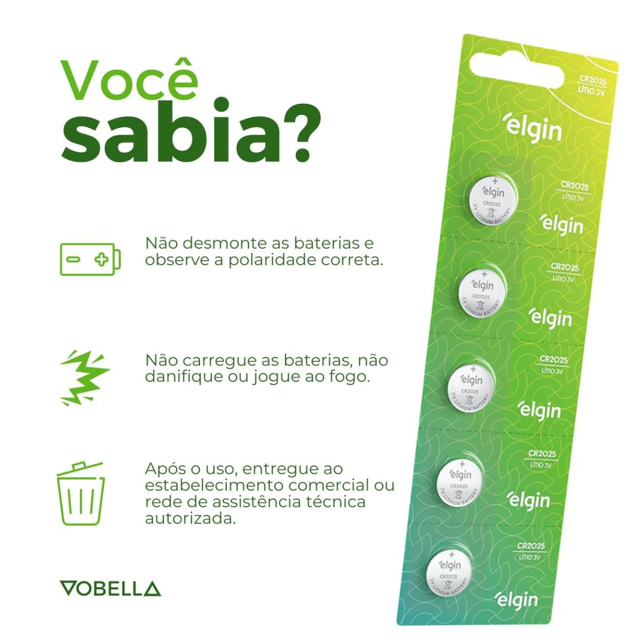5 Baterias Pilha Moeda Cr2025 3v Blister Cartela Elgin