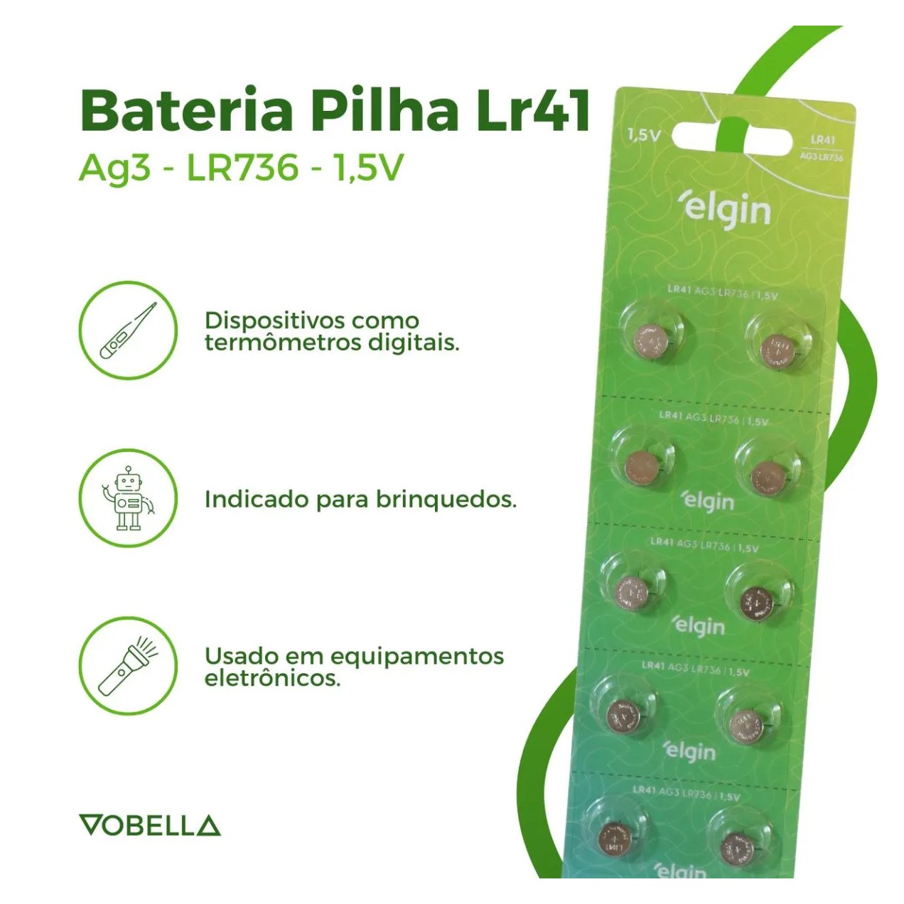 10 Baterias Pilhas Alcalina Lr41 1,5v Blister Cartela Elgin