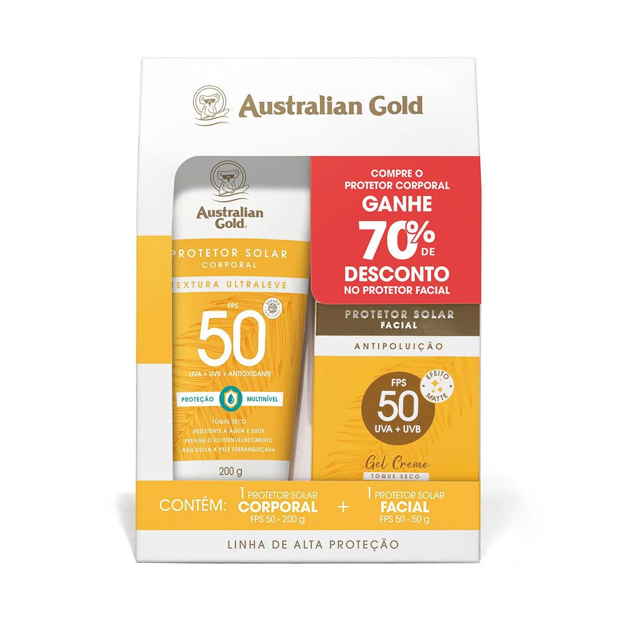 Kit Australian Gold Alta Proteção FPS 50 Protetor Solar Corporal Ultraleve 200g + Facial Gel Creme Antipoluição 50g
