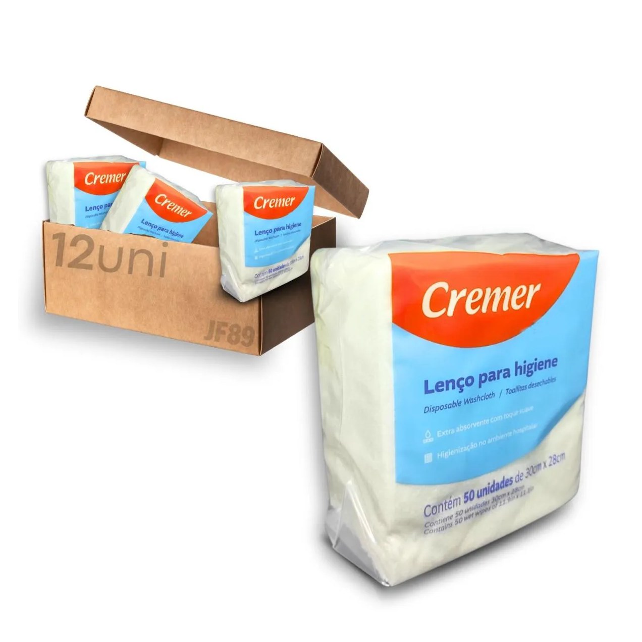Lenço de Higiene e Banho Cremer Pacote com 600 unidades (12 pacotes com 50 unidades)