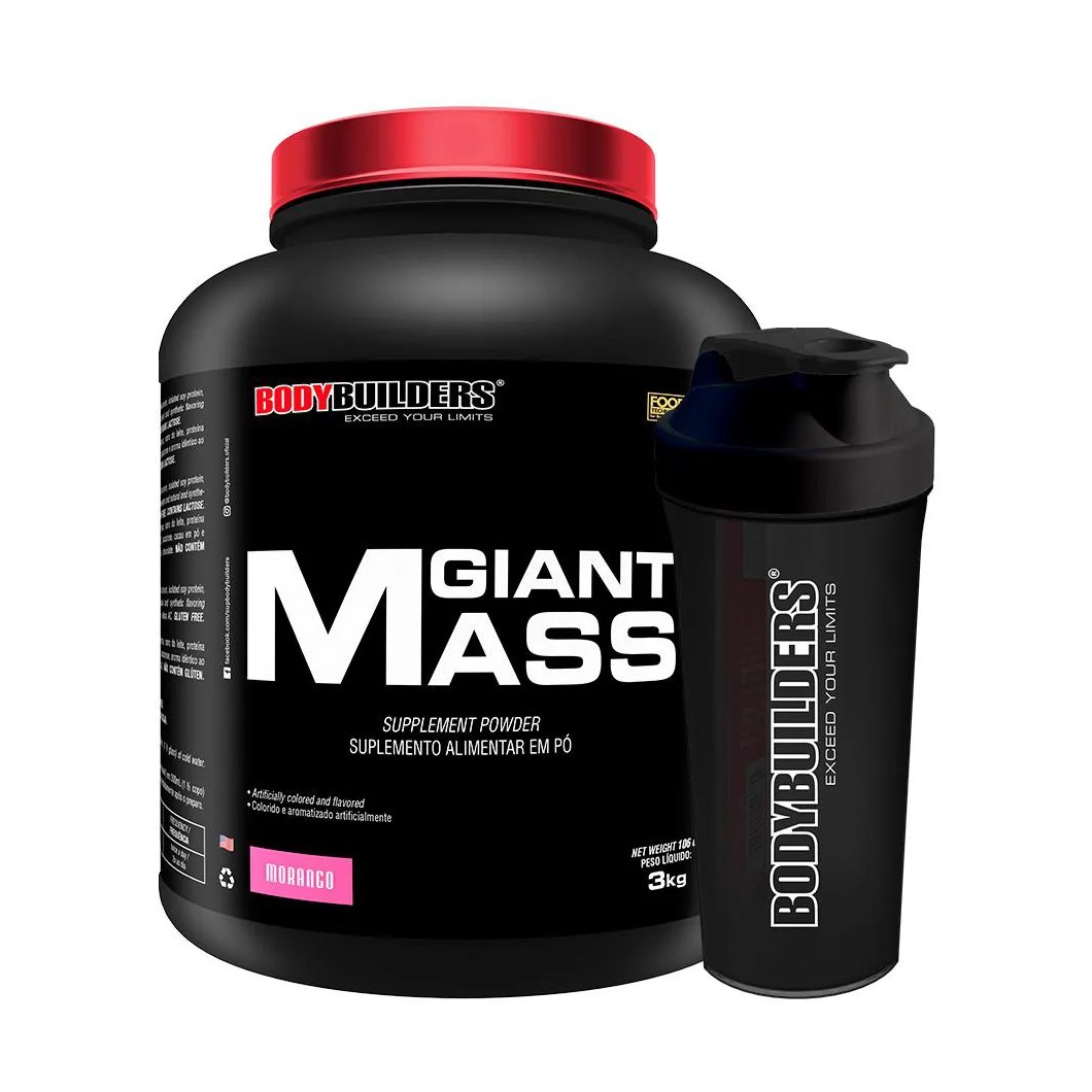 Kit Hipercalórico Giant Mass 3kg + Coqueteleira - Bodybuilders Morango