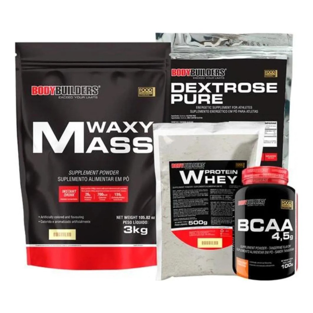 Kit Hipercalórico Waxy Mass 3kg + Whey Protein 500g + Bcaa 100g + Dextrose 900g - Bodybuilders Morango