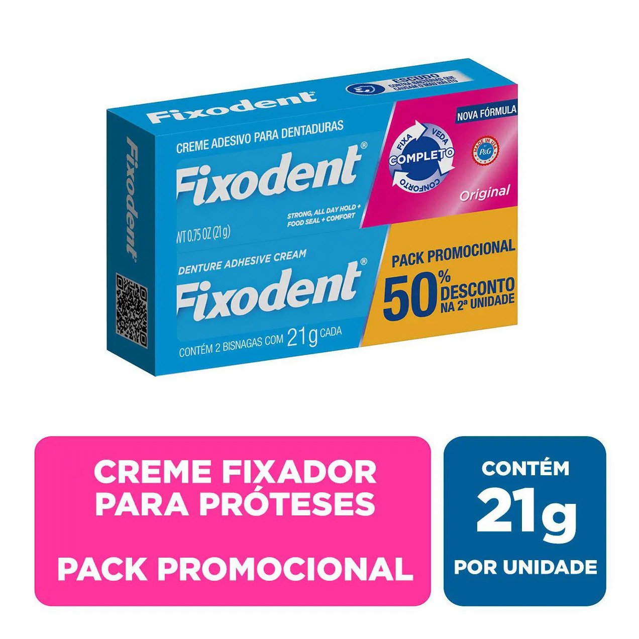 Creme Adesivo para Dentaduras Fixodent Original Pack Promocional com 50% de desconto na 2ª unidade