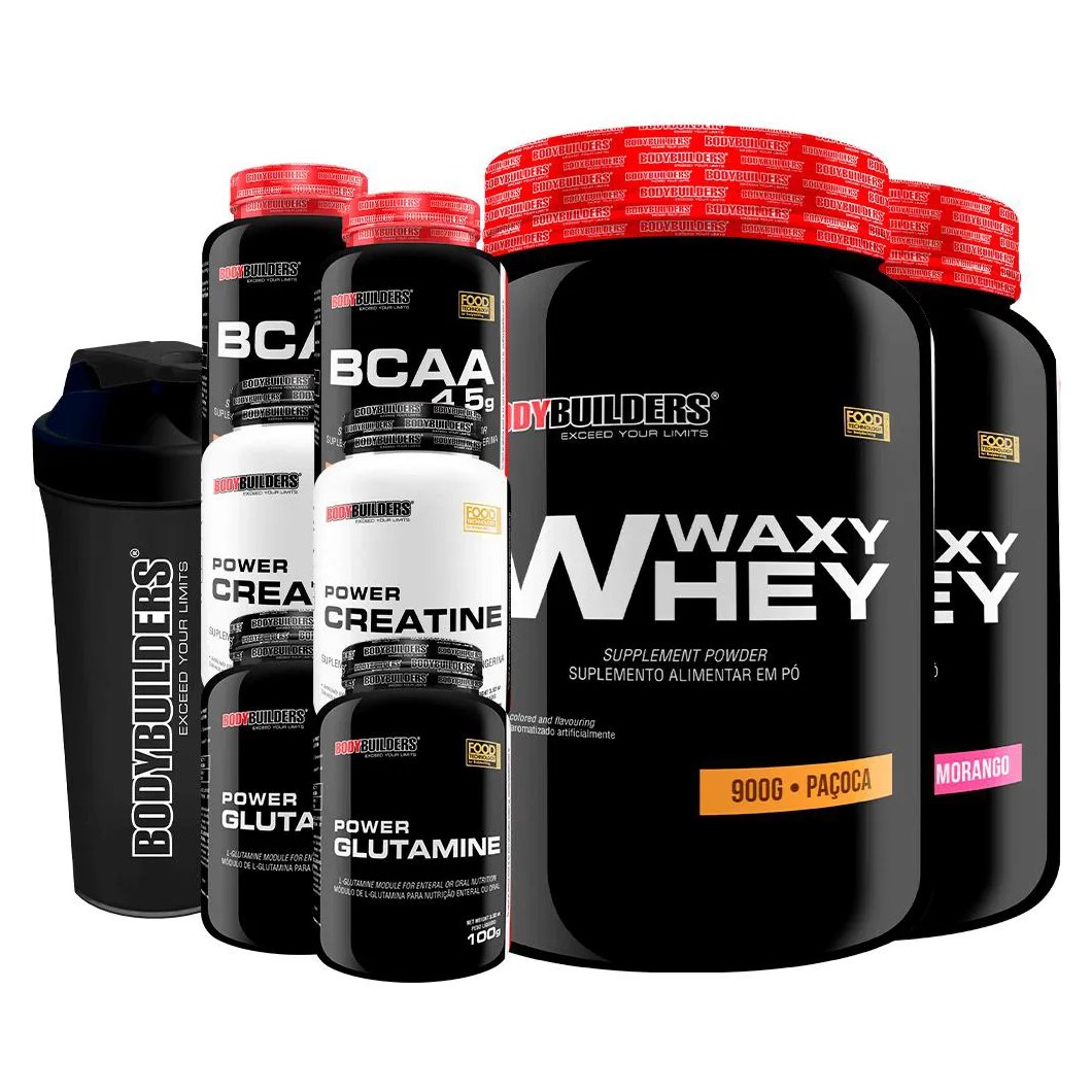 Kit 2x Waxy Whey 900g + 2x Bcaa 100g + 2x Power Creatina 100g + 2x Power Glutamina + Coq - Bodybuilders Morango e Paçoca