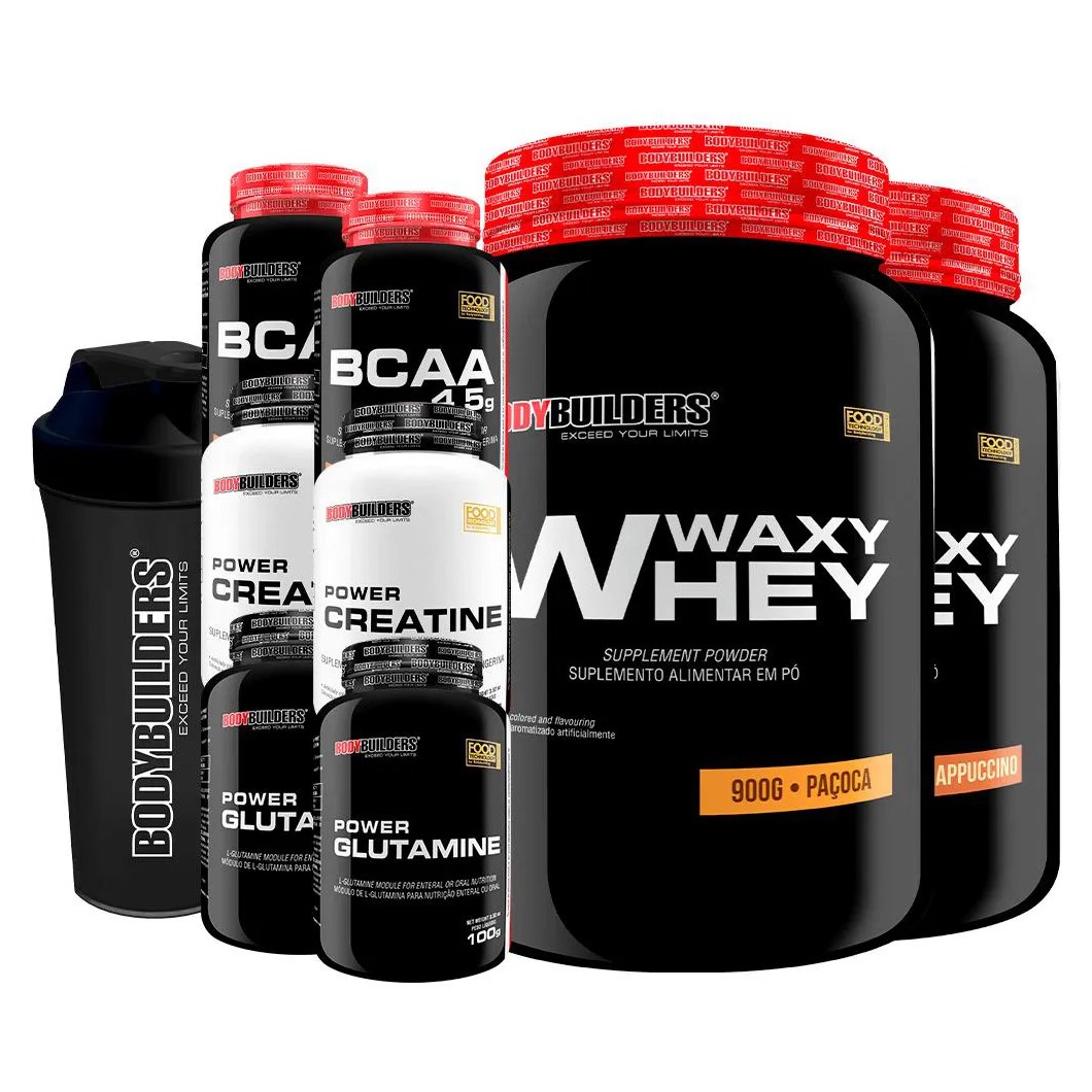 Kit 2x Waxy Whey 900g + 2x Bcaa 100g + 2x Power Creatina 100g + 2x Power Glutamina + Coq - Bodybuilders Cappuccino e Paçoca