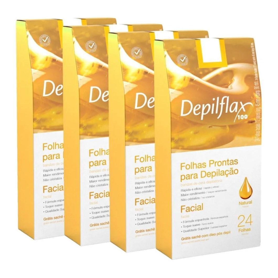 Kit 4x Folhas Depilatorias Facial Suave Depilflax Natural 24 unidades
