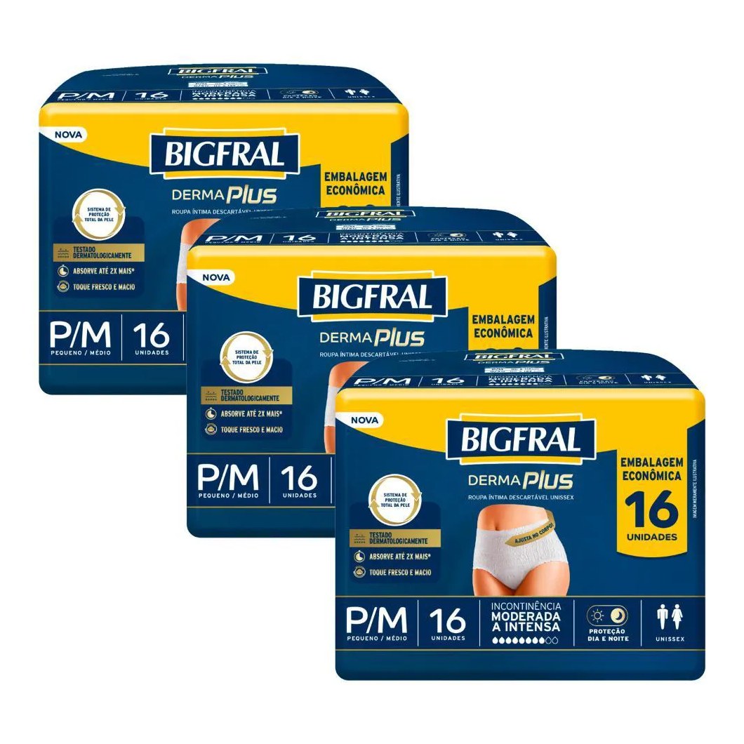 Kit 3 Roupas Íntima Bigfral Pants Derma Plus P/m com 16un Cada
