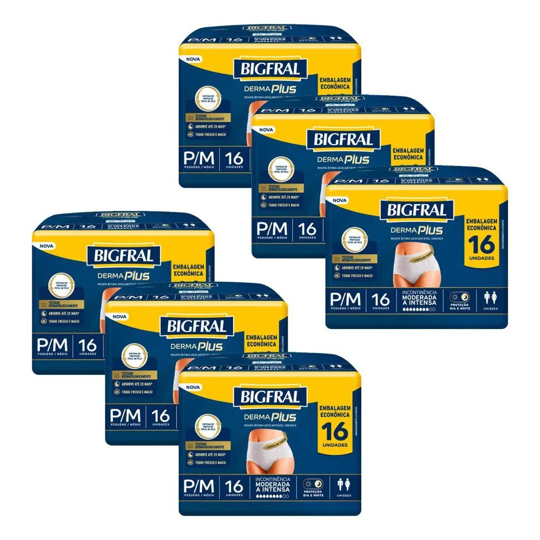 Kit 6 Roupas Íntima Bigfral Pants Derma Plus P/m com 16un Cada