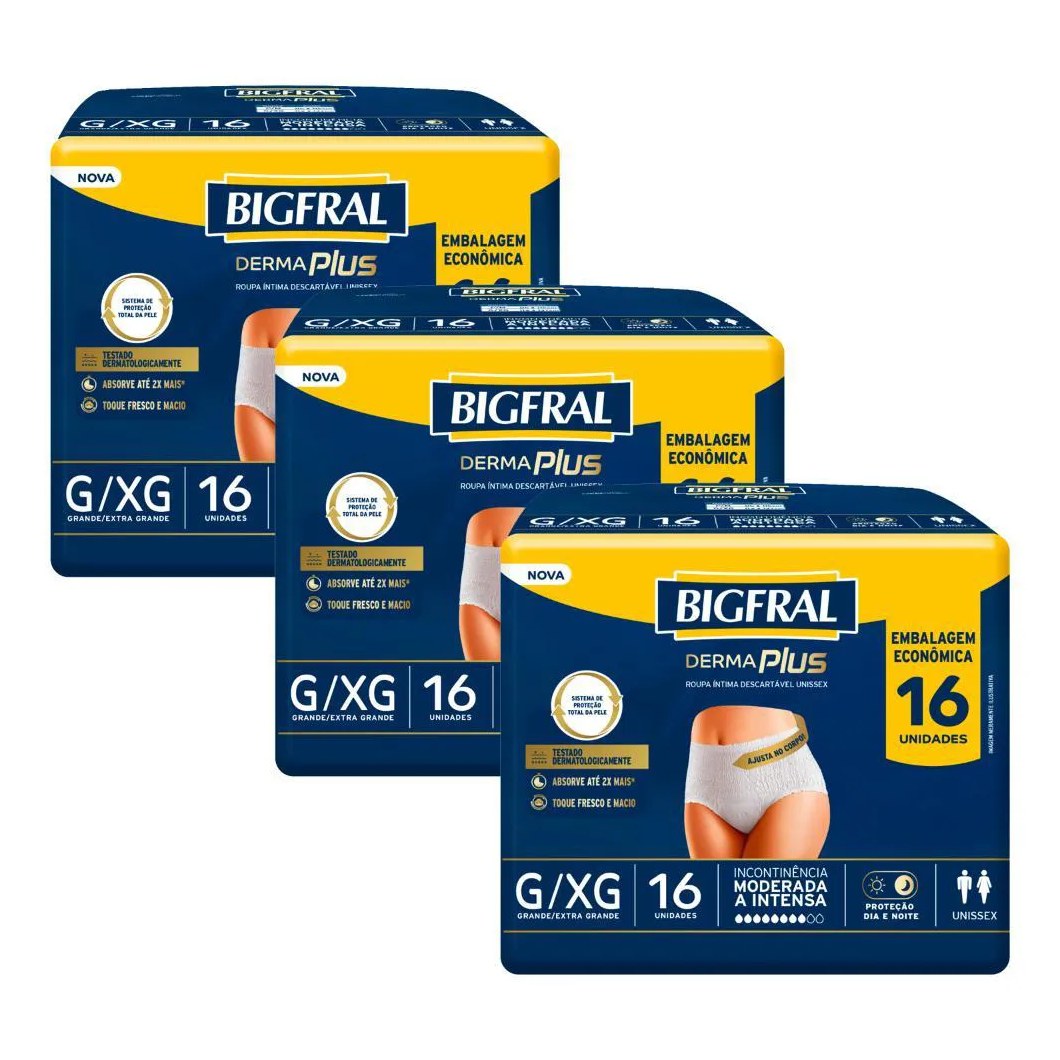 Kit 3 Roupas Íntima Bigfral Pants Derma Plus G/ex com 16un Cada