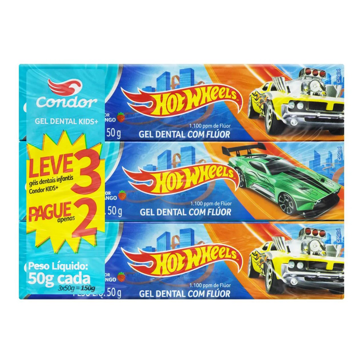 Gel Dental Condor Kids Hot Wheels Morango 50g 3 unidades