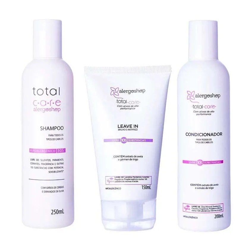 Kit Shampoo 250ml + Condicionador 200ml + Leave In Hipoalergênico Total Care Alegorshop 150ml