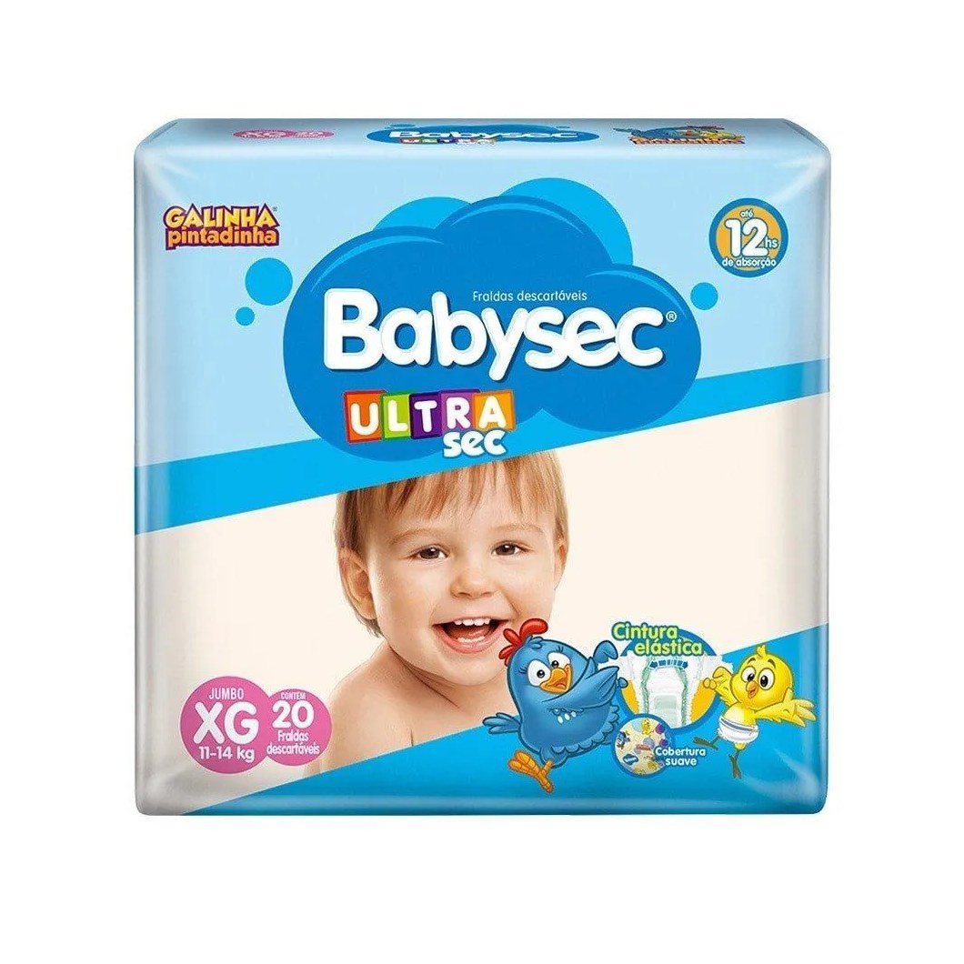 Fralda Descartável Babysec Ultra Sec Galinha Pintadinha Jumbo Tamanho Xg - 8 Pacotes com 20 Fraldas - Total 160 Tiras