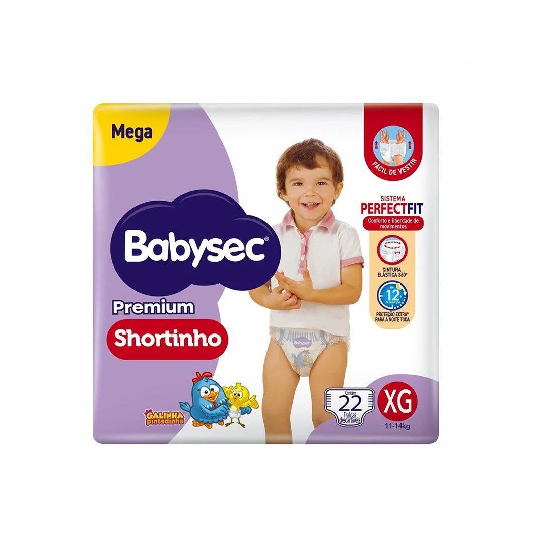Fralda Descartável Babysec Shortinho Mega Extra Grande - 6 Pacotes com 22 Fraldas - Total 132 Tiras