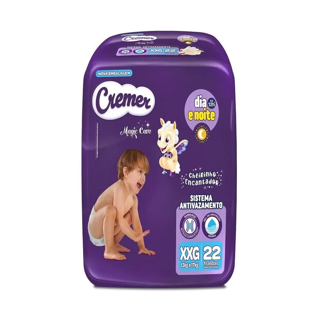 Fralda Descartável Cremer Magic Care Econômica Tamanho Xxg - 8 Pacotes com 22 Fraldas - Total 176 Tiras