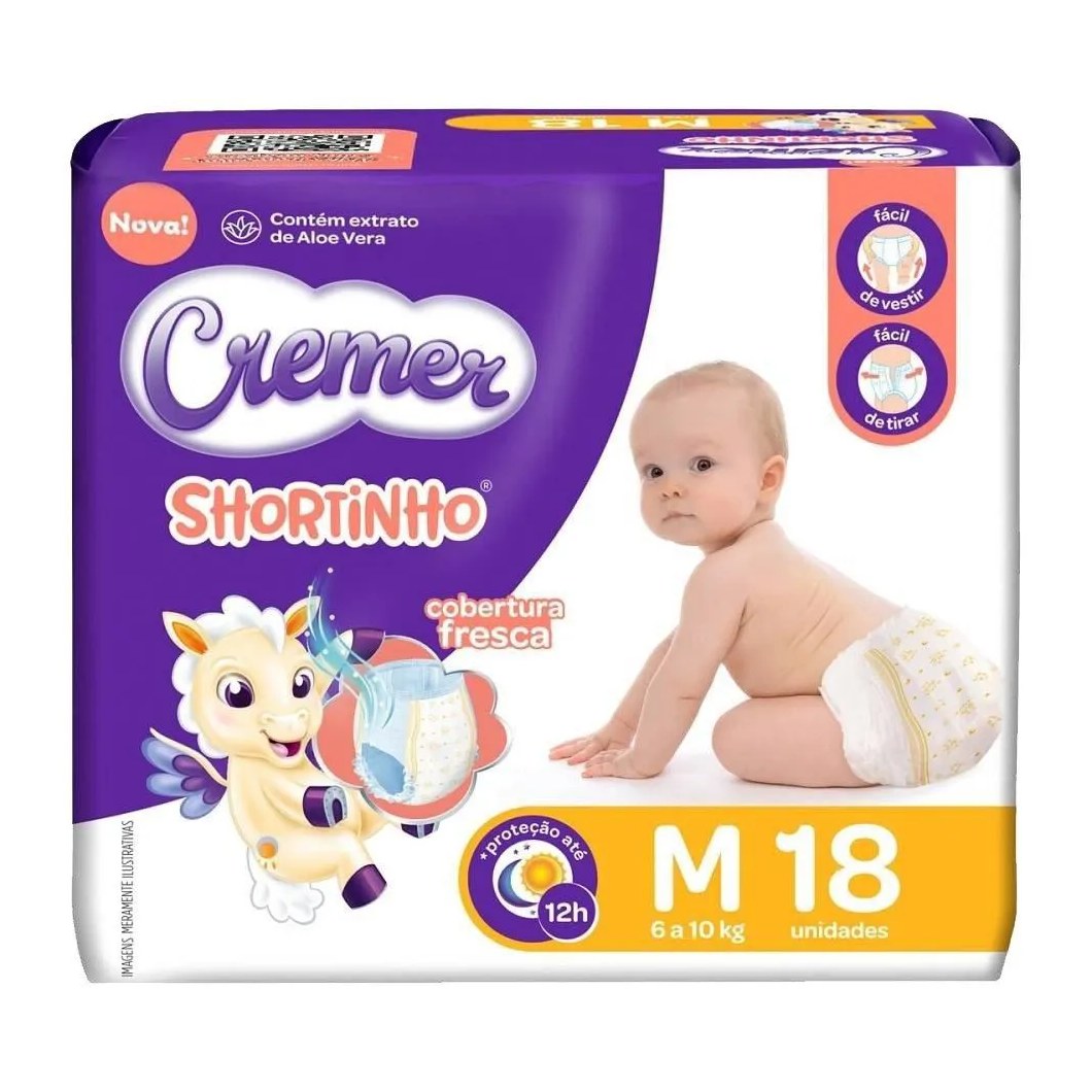 Fralda Descartável Cremer Shortinho Jumbinho Tamanho M - 8 Pacotes com 18 Fraldas - Total 144 Tiras