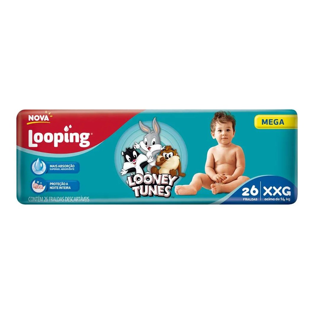 Fralda Descartável Looping Looney Tunes Mega Extra Extra Grande - 6 Pacotes com 26 Fraldas - Total 156 Tiras