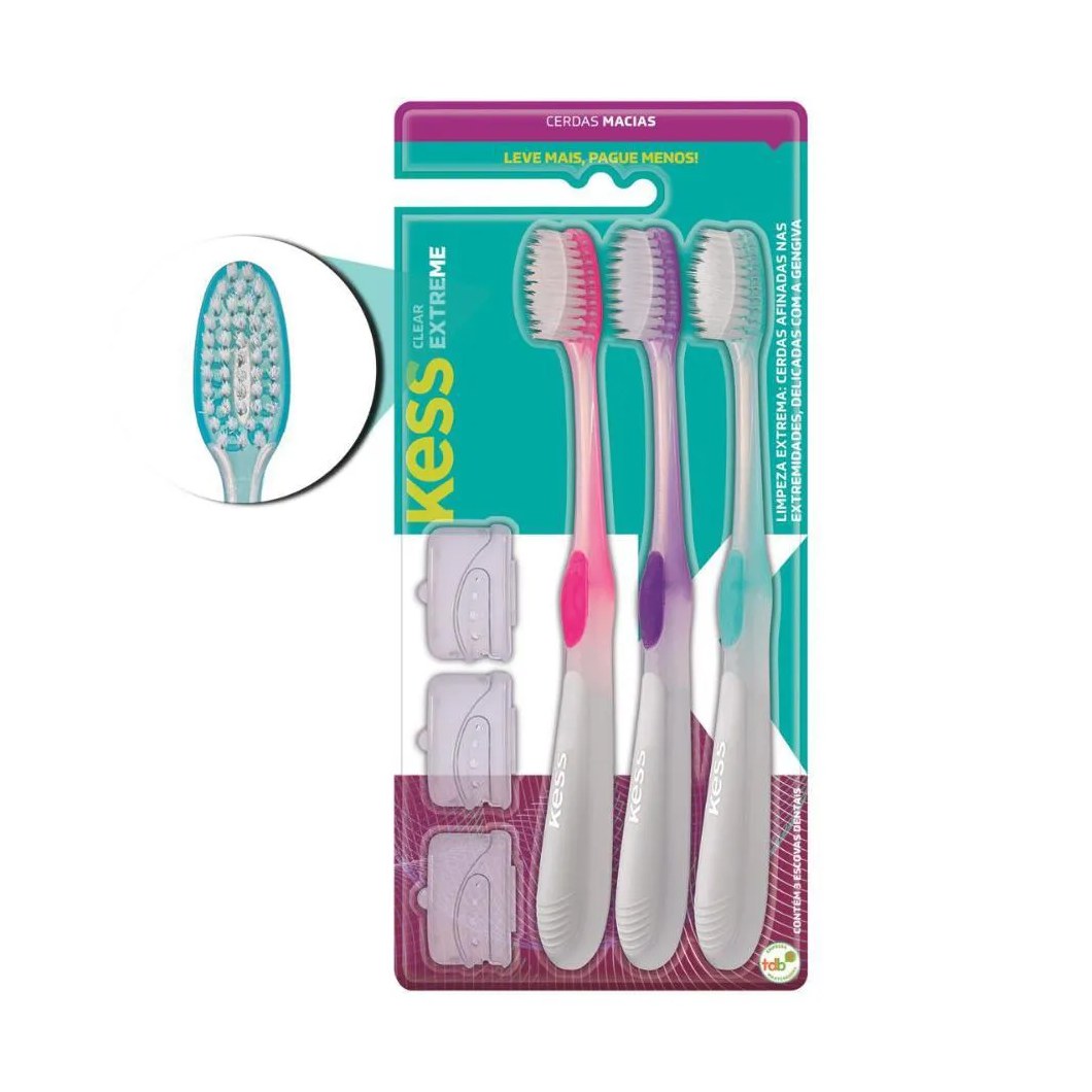 Escova Dental Kess Clear Extreme Macias C/3 Cores Sortidas Cód.2101