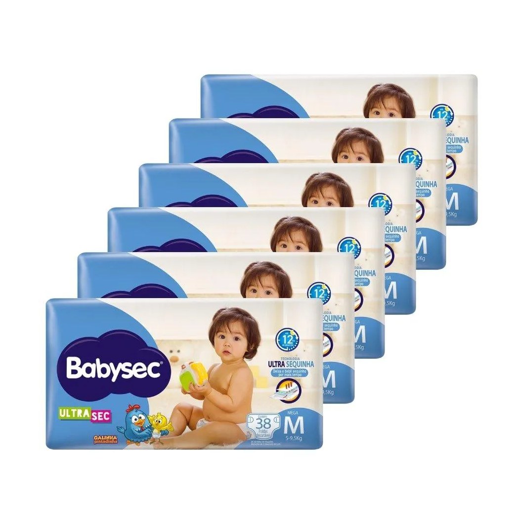 Fralda Descartável Babysec Galinha Pintadinha Ultra Mega Tamanho M - 6 Pacotes com 38 Fraldas - Total 228 Tiras