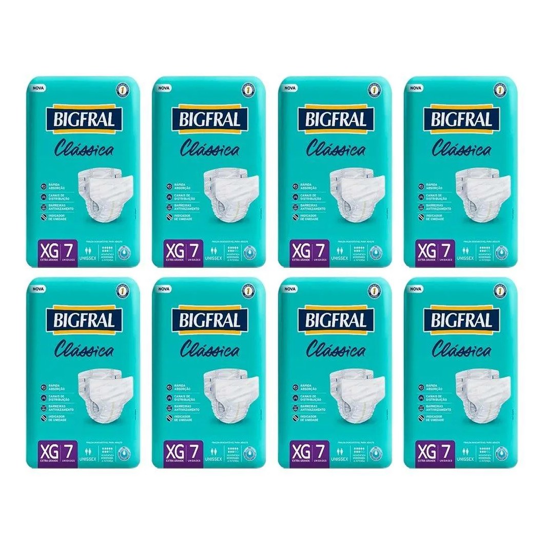 Fralda Descartável Adulto Bigfral Clássica Extra Grande 8 Pacotes C/ 7 Fraldas