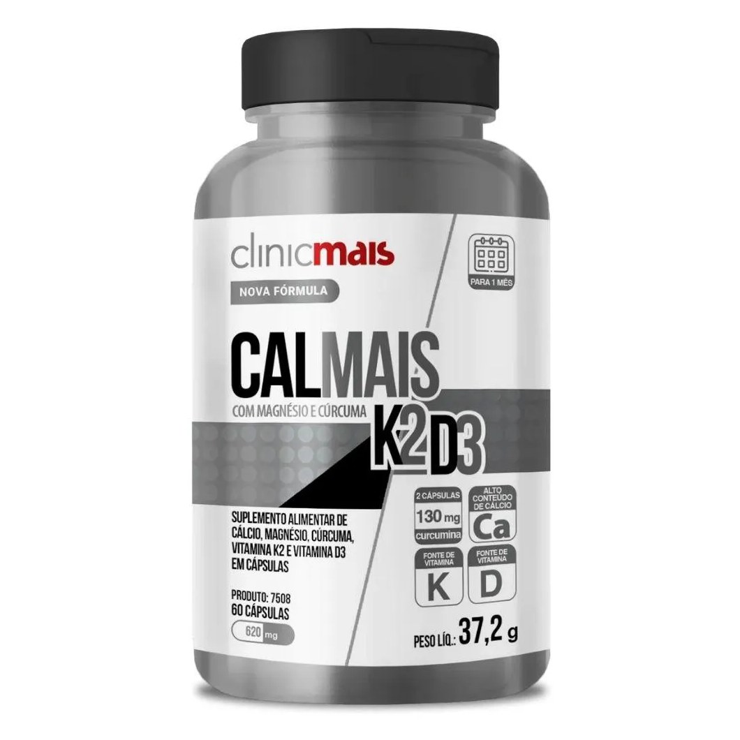 Calmais ( Vitaminas D3+k2, Cálcio, Mangésio e Curcuma) 60 Cápsulas - Clinicmais