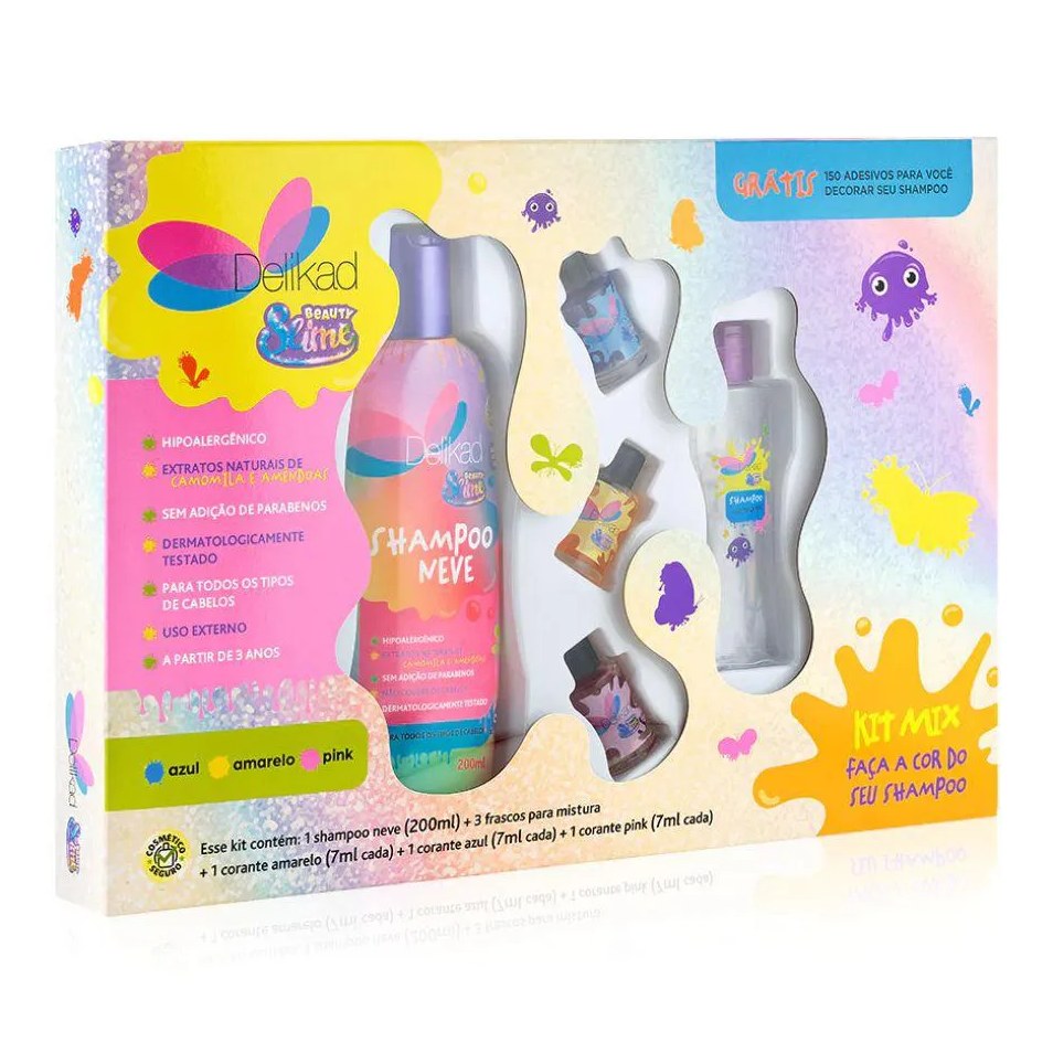 Kit Mix Beauty Slime ( Shampoo 200ml + 3 Frascos para Mistura + 3 Corantes Coloridos + 150 Adesivos )