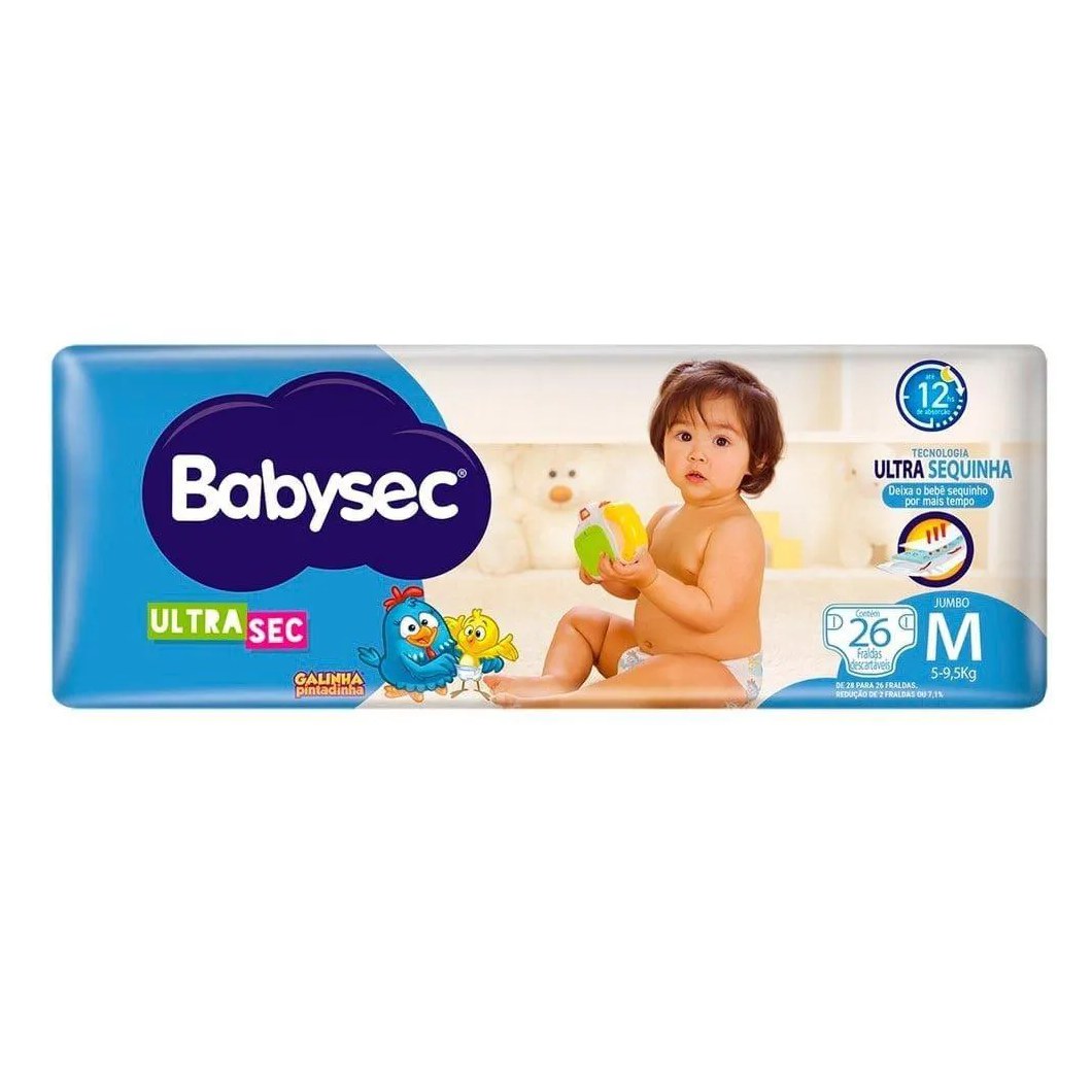 Fralda Descartável Babysec Galinha Pintadinha Ultra Sec Jumbo Tamanho M - 8 Pacotes com 26 Fraldas - Total 208 Tiras