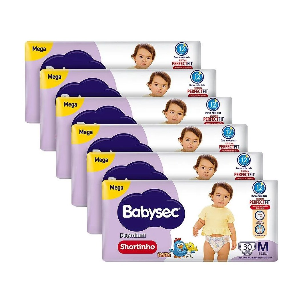Fralda Descartável Babysec Shortinho Galinha Pintadinha Mega Tamanho M - 6 Pacotes com 30 Fraldas - Total 180 Tiras