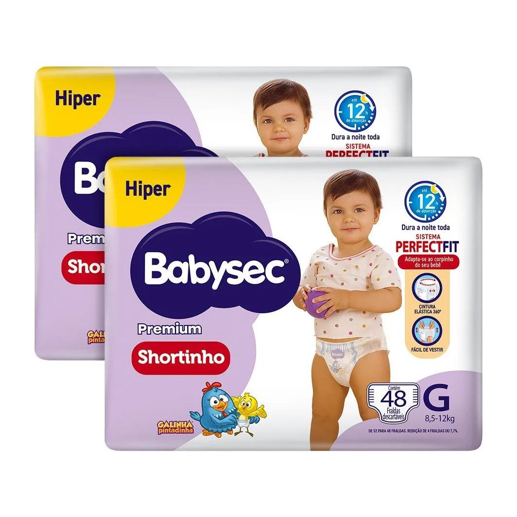 Fralda Descartável Babysec Shortinho Galinha Pintadinha Hiper Tamanho G - 2 Pacotes com 48 Fraldas - Total 96 Tiras