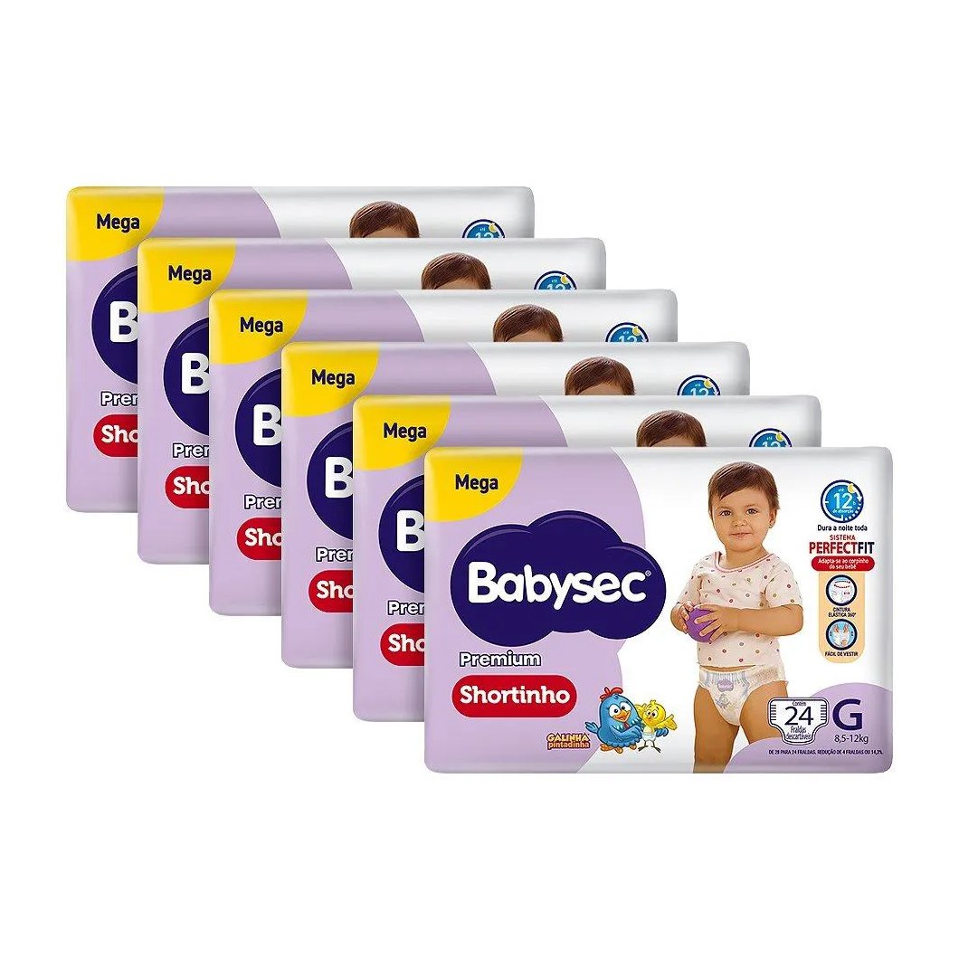 Fralda Descartável Babysec Shortinho Galinha Pintadinha Mega Tamanho G - 6 Pacotes com 24 Fraldas - Total 144 Tiras
