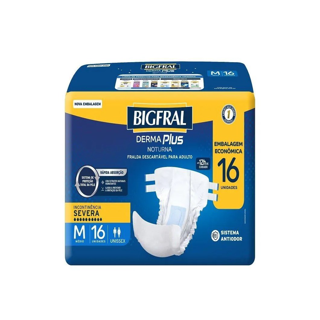Fralda Descartável Adulto Bigfral Derma Plus Noturna Econômica Tamanho M - 4 Pacotes com 16 Fraldas - Total 64 Tiras