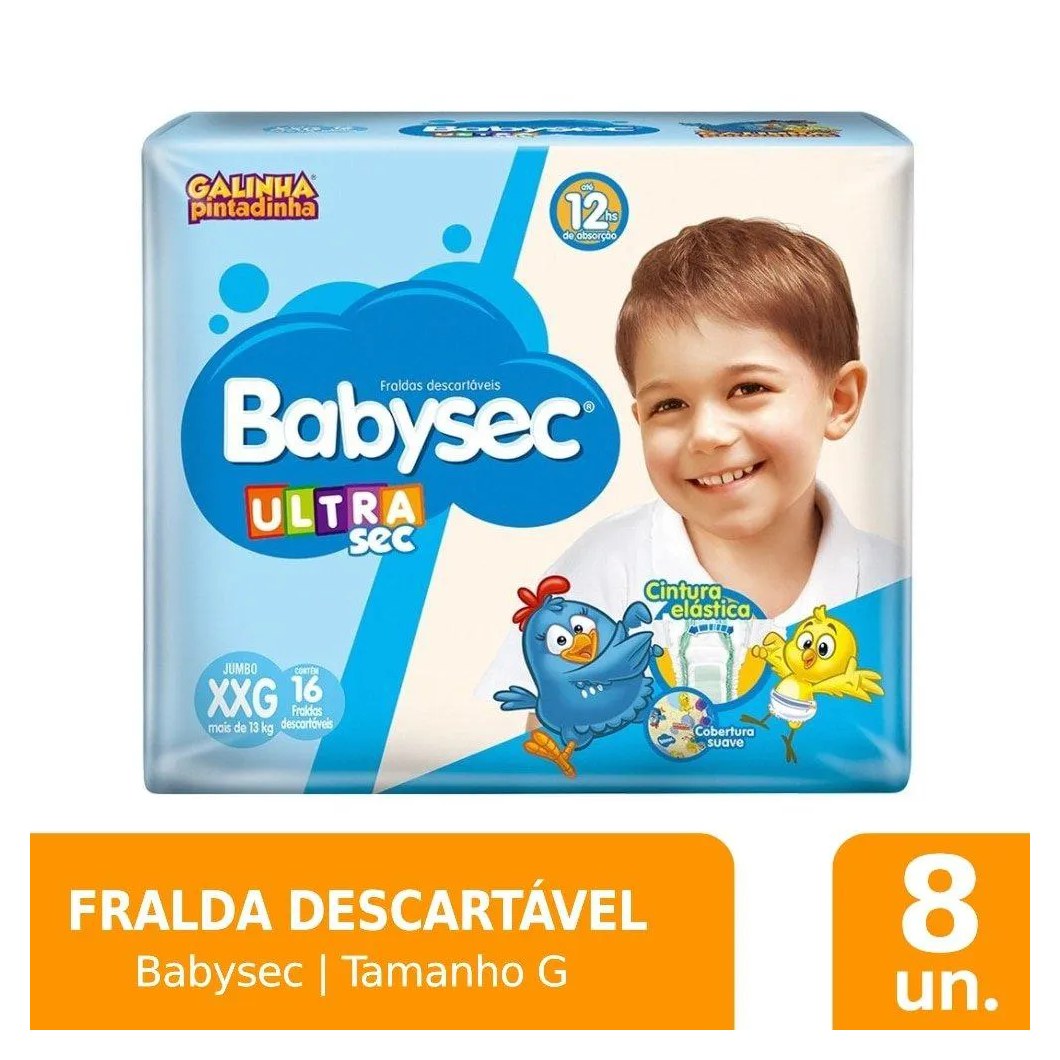 Fralda Descartável Babysec Ultra Sec Galinha Pintadinha Jumbo Tamanho Xxg - 8 Pacotes com 16 Fraldas - Total 128 Tiras
