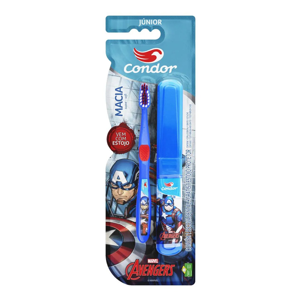 ESCOVA DENTAL MACIA E SUAVE AVENGERS CONDOR JúNIOR CABEçA P GRáTIS ESTOJO PROTETOR