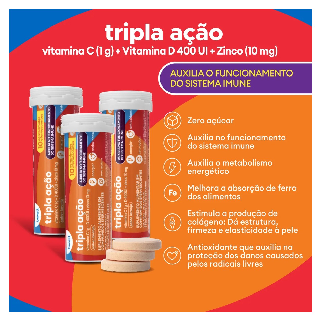 Vitamina C bwell Tripla Ação 30 Comprimidos Efervescentes