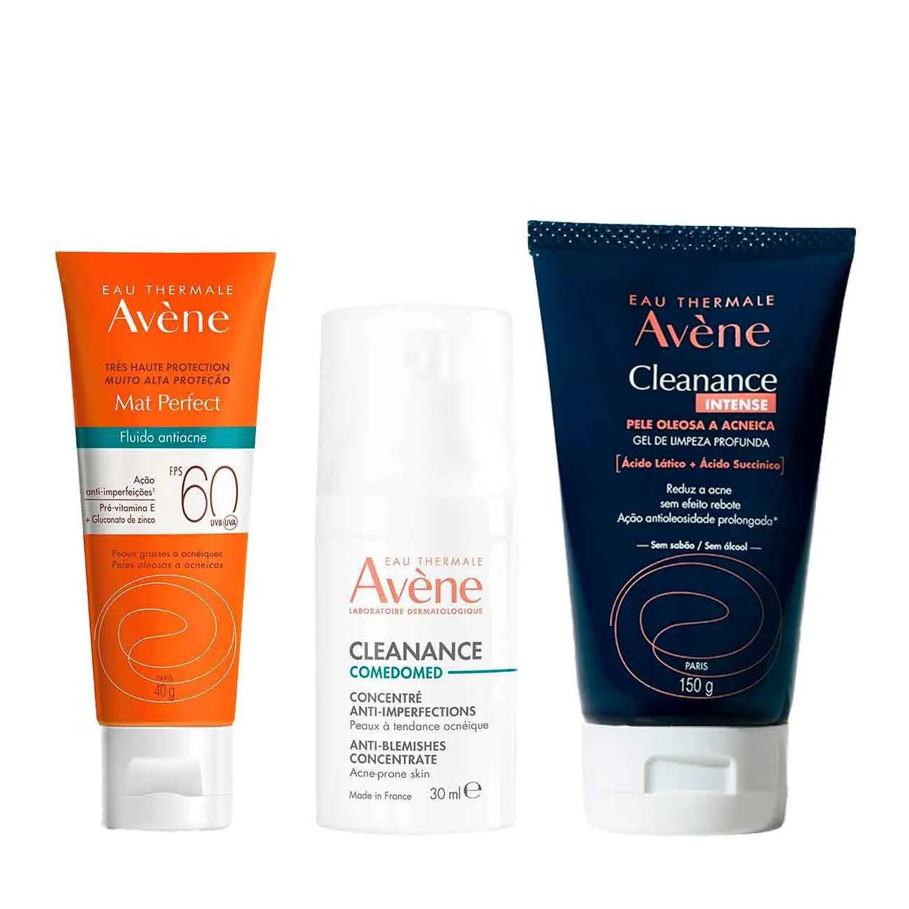 Kit Avène Cleanance Gel de Limpeza Profunda Intense + Sérum Corretor Facial Antiacne Comedomed + Protetor Solar Facial Fluido Anti Acne FPS 60 Mat Perfect