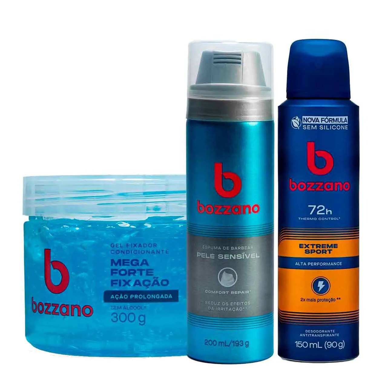 Kit Bozzano Masculino Gel Fixador Condicionante Ação Prolongada + Espuma de Barbear Pele Sensível + Desodorante Antitranspirante Aerosol Extreme Sport 72h