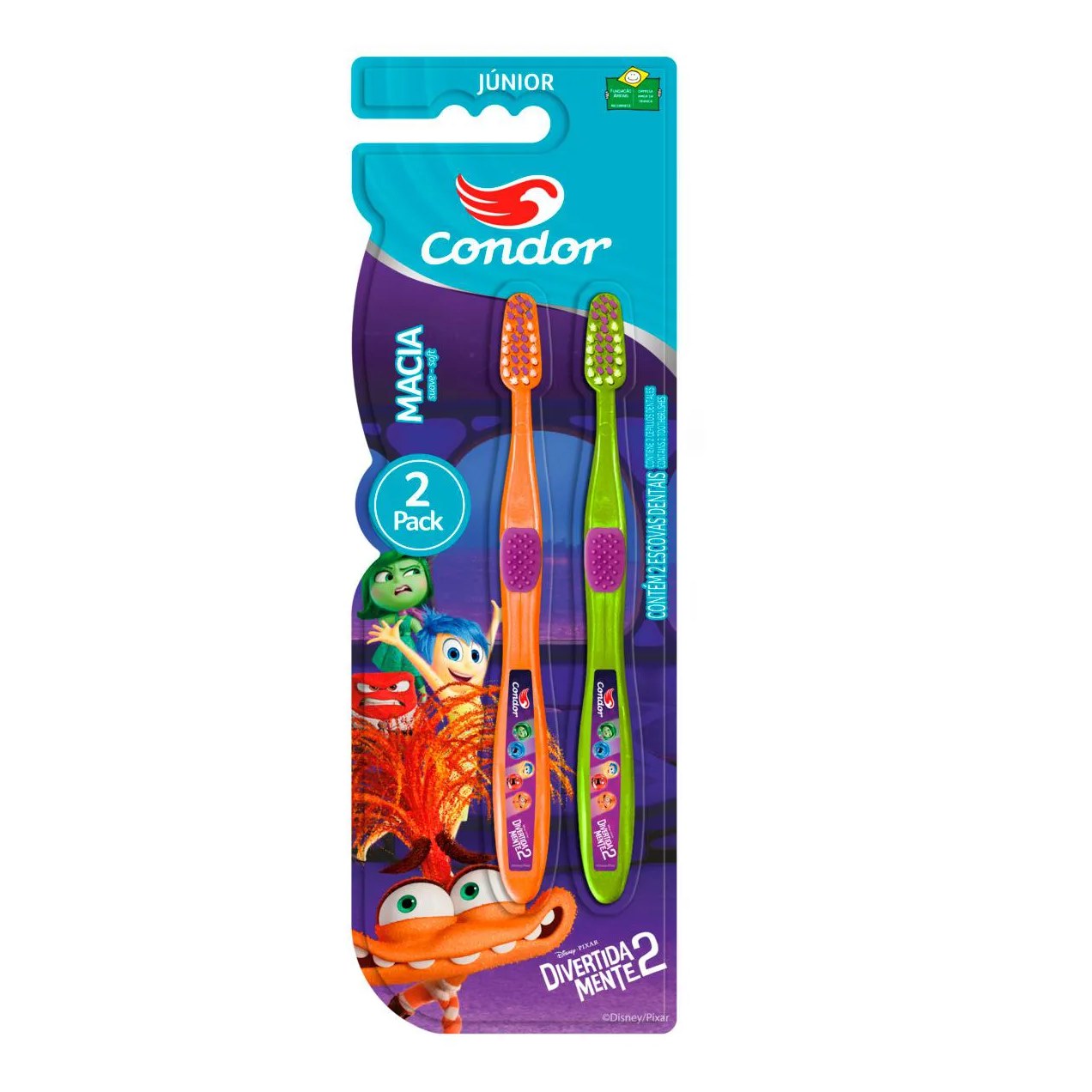 Escova de Dente Condor Divertida Mente 2 Júnior Macia Cabeça P 2 Unidades