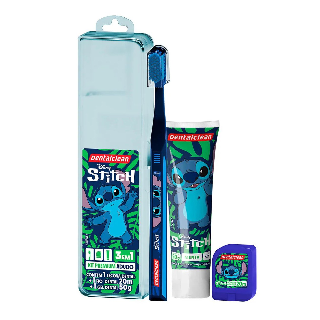 Kit Dentalclean Premium Adulto Disney Stitch 1 Escova de Dente + 1 Fio Dental 20m + 1 Gel Dental 50g