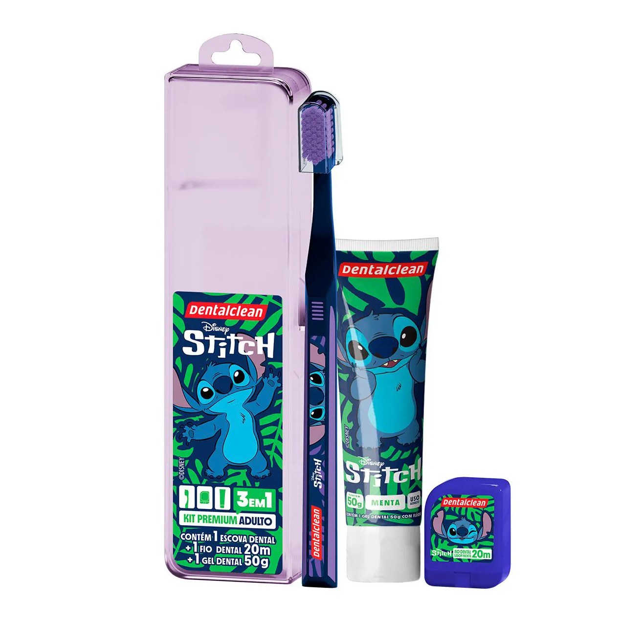 Kit Dentalclean Premium Adulto Disney Stitch 1 Escova de Dente + 1 Fio Dental 20m + 1 Gel Dental 50g