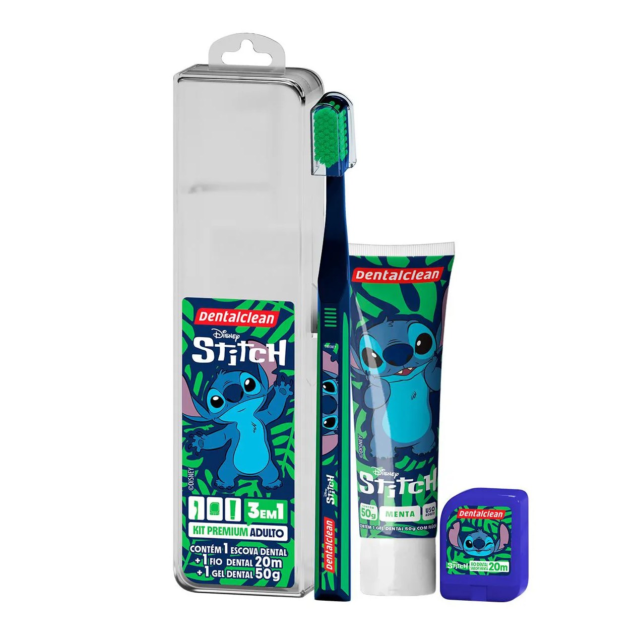 Kit Dentalclean Premium Adulto Disney Stitch 1 Escova de Dente + 1 Fio Dental 20m + 1 Gel Dental 50g