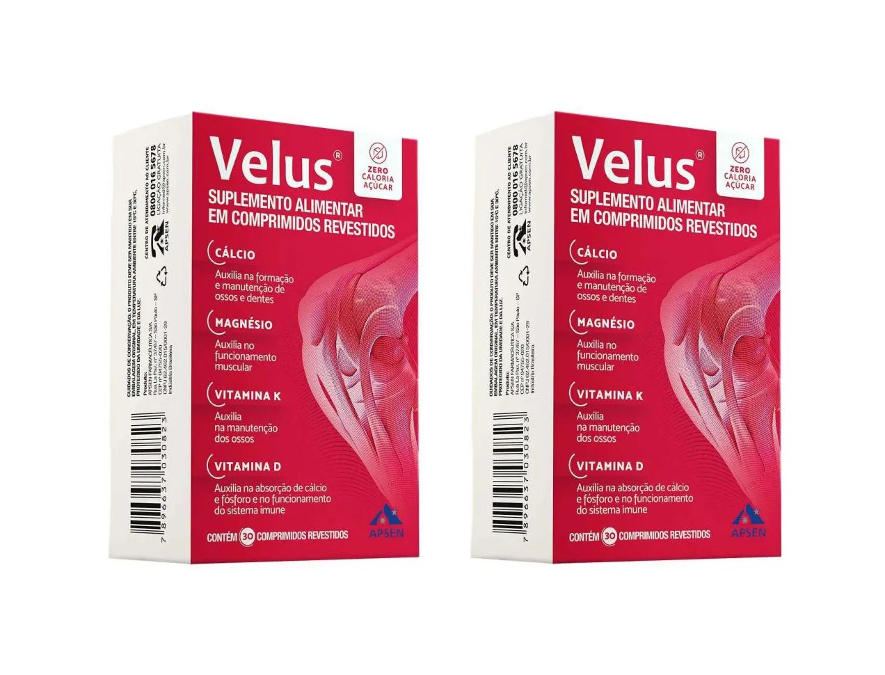 Kit 2 Suplemento Apsen Velus Cálcio Magnésio Vitamina D 30cp