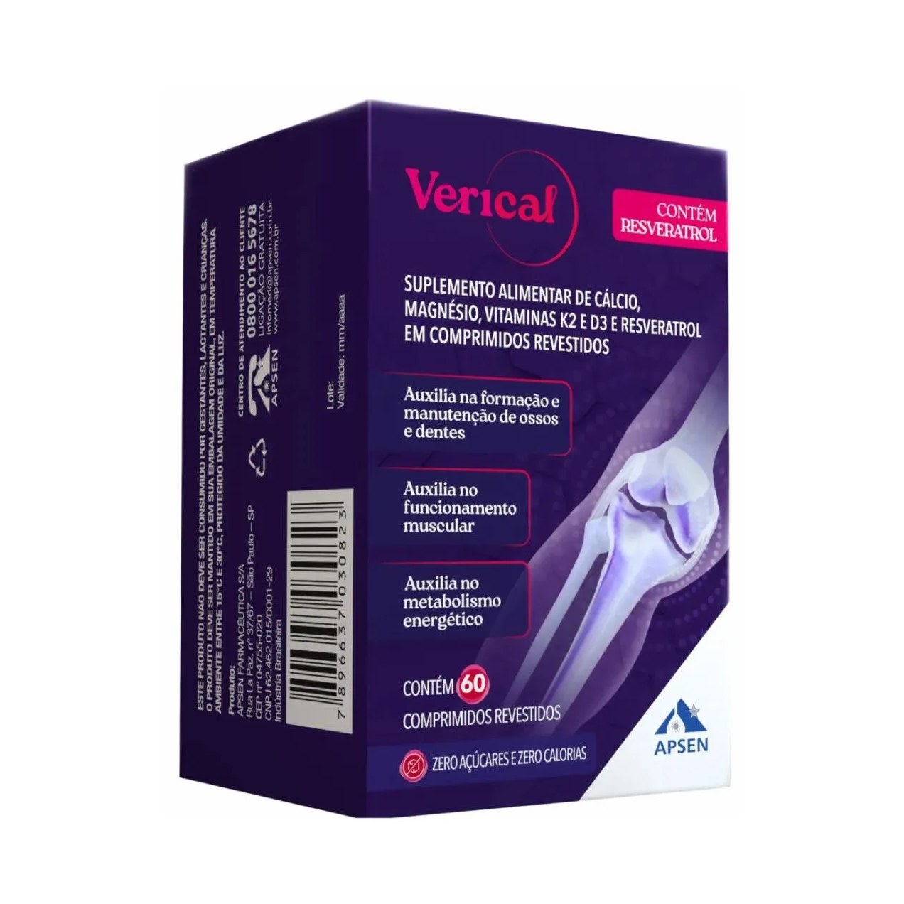 Verical Cálcio Resveratrol Magnésio Vit K E D Apsen 60cp