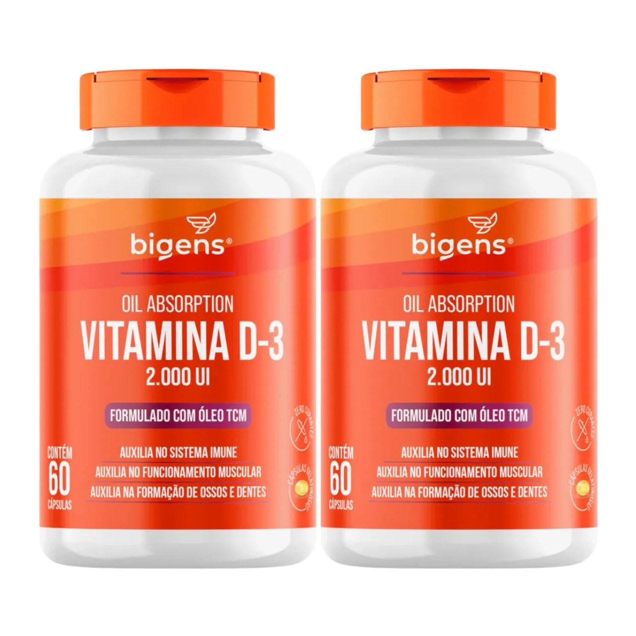 2X VITAMINA D3 2000UI COM TCM 400MG BIGENS 60 CAPSULAS SEM Sabor
