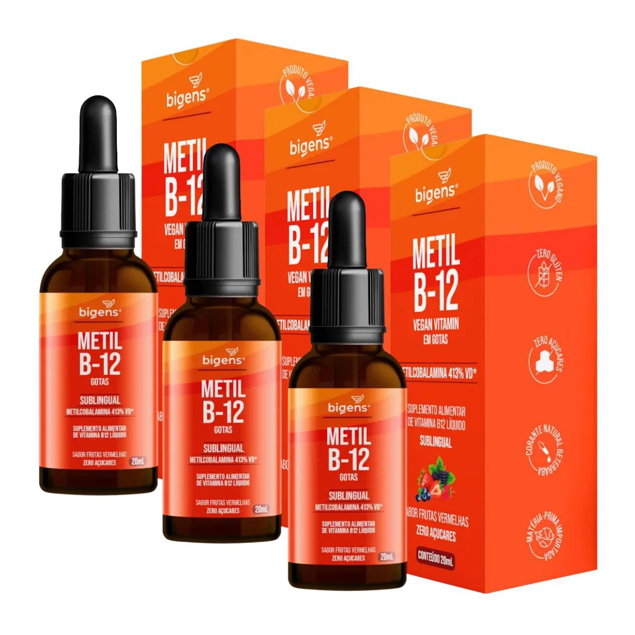 3x Vitamina B12 Metilcobalanina Bigens Frutas Vermelhas 20ml