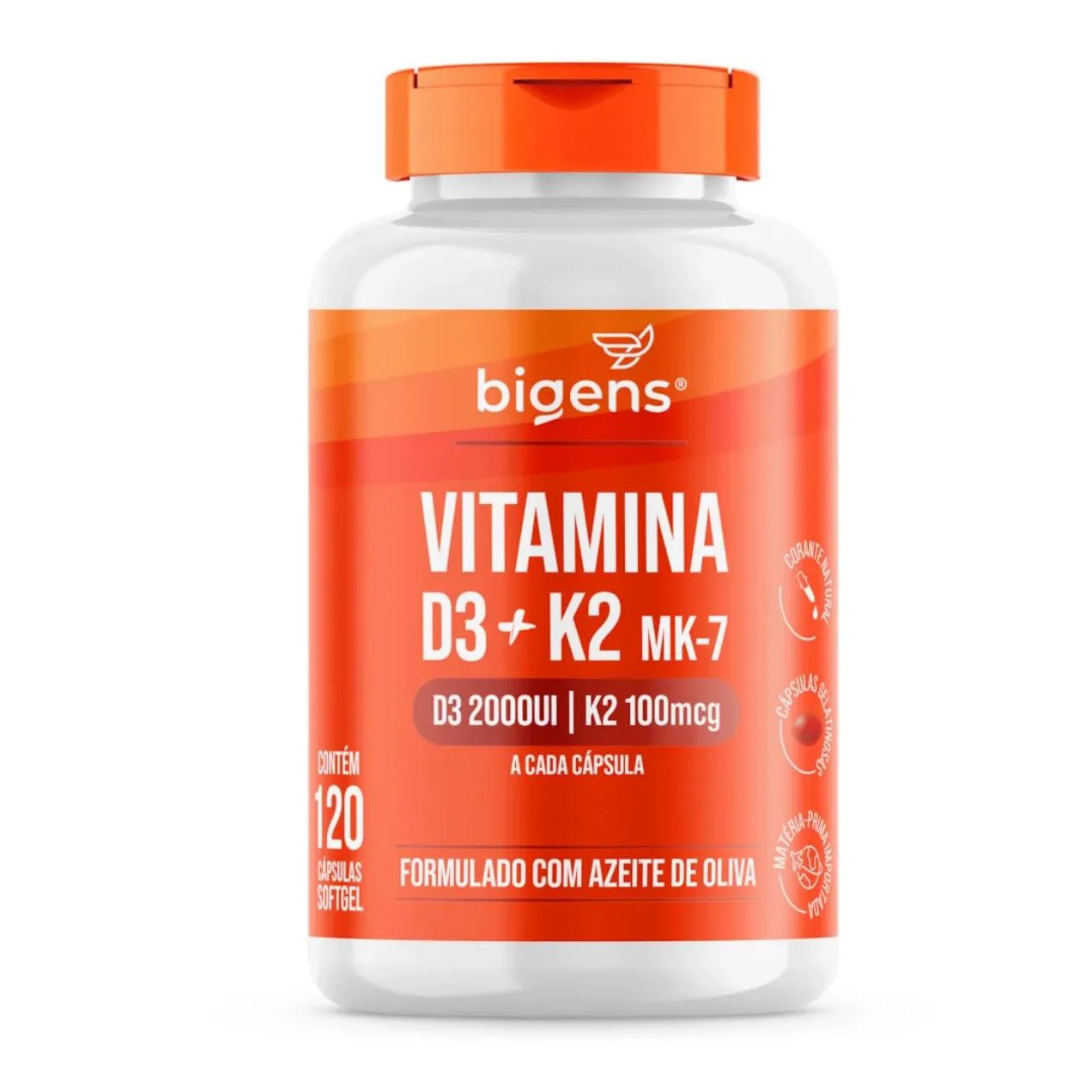 VITAMINA D3 2000UI + K2 MK7 ÓLEO DE OLIVA BIGENS 60 CAPSULAS SEM Sabor