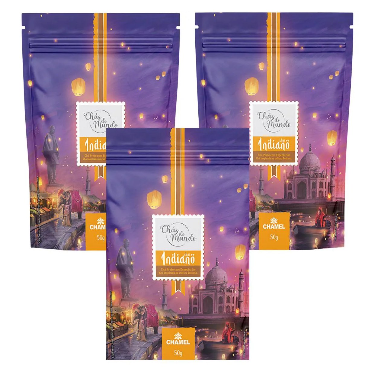 Kit 03 Chás do Mundo Pouch Chá Indiano 50g - Chamel