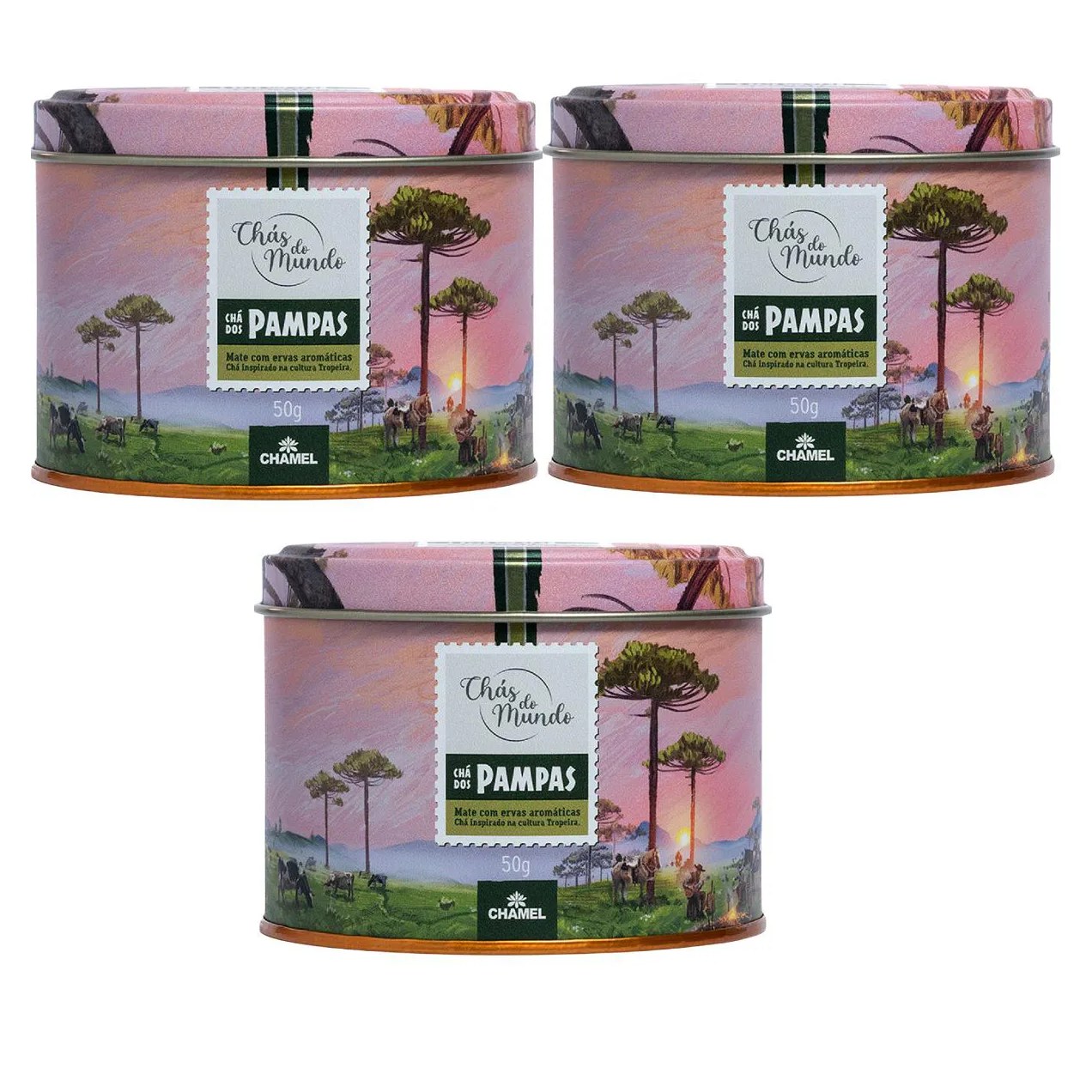 Kit 03 Chás do Mundo Pouch Chá Pampas Lata 50g - Chamel
