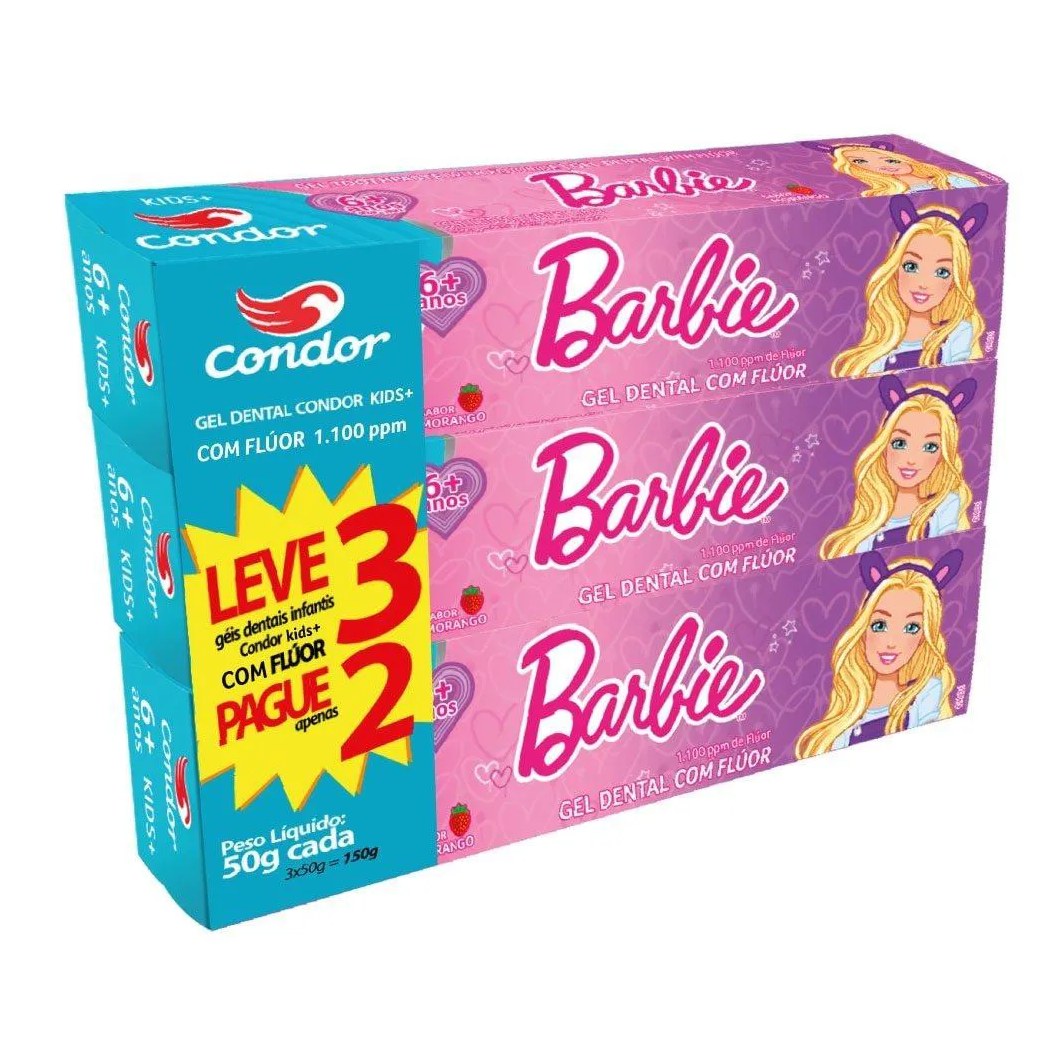 Creme Dental Condor Kids Barbie 50g Embalagem com 3 unidades