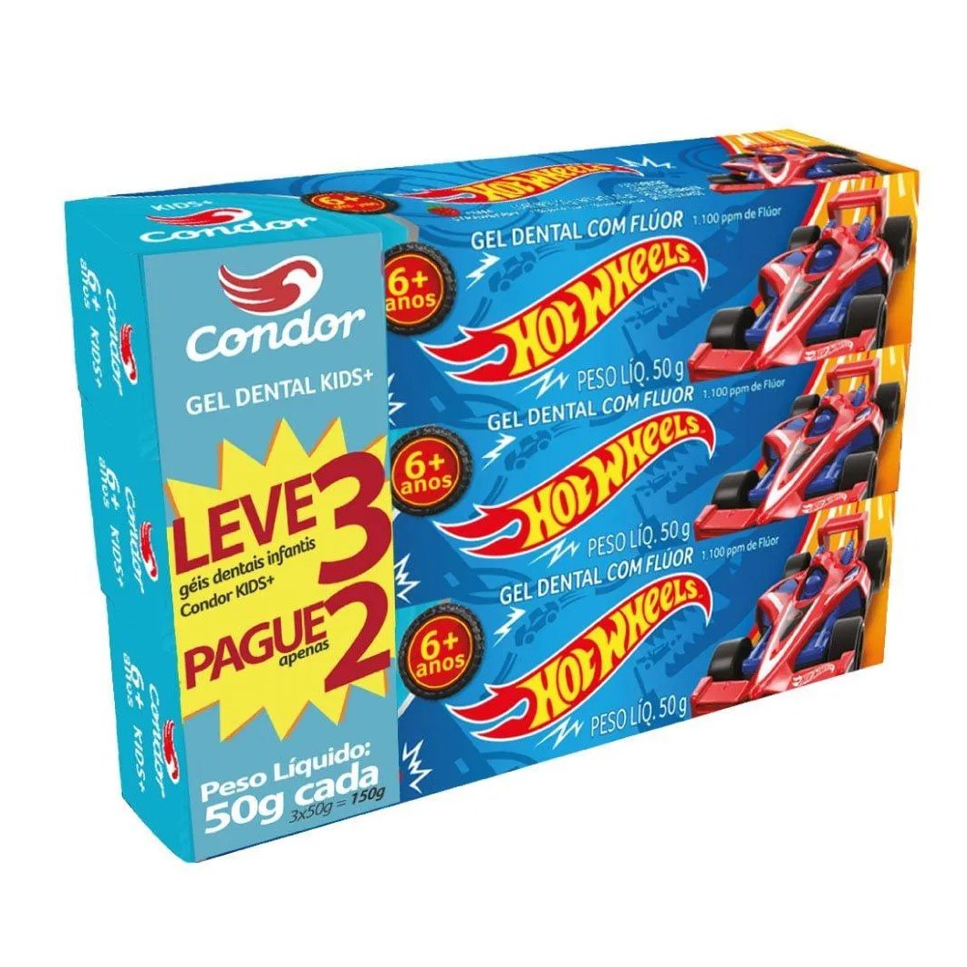 Creme Dental Condor Kids Hotweels 50g Embalagem com 3 unidades